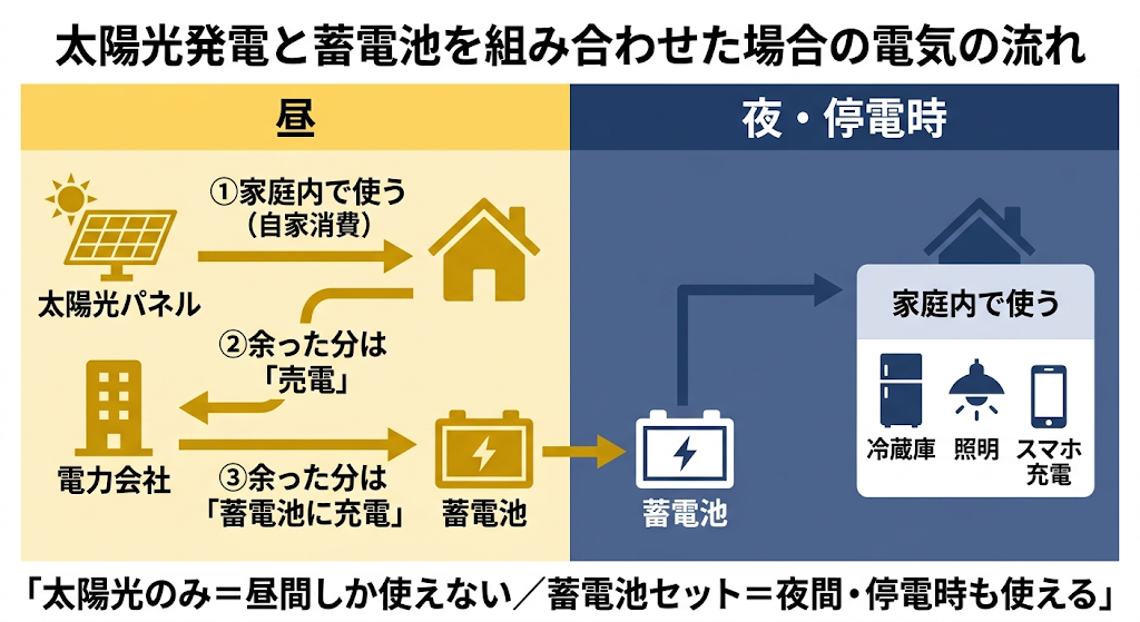 太陽光発電と蓄電池を併用した際の昼・夜・停電時の電気の流れを示す視覚的な構造図。