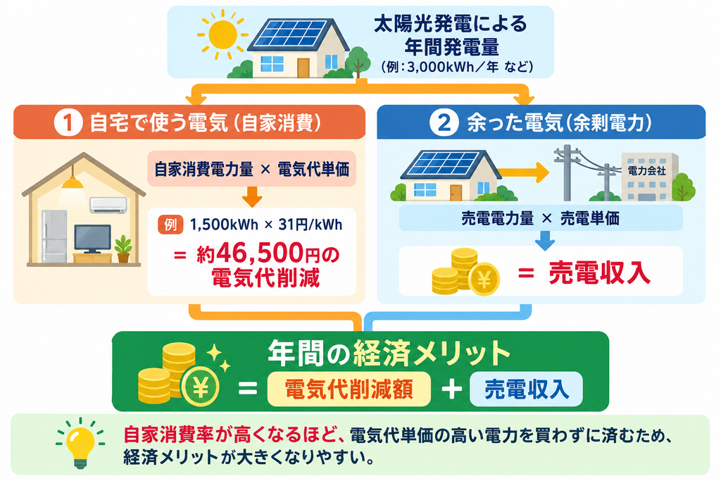 太陽光発電の年間発電量を「自家消費」と「余剰電力の売電」に分け、電気代削減額と売電収入の計算方法を解説した図解。自家消費率を高めることで、太陽光発電の年間経済メリットが大きくなりやすい仕組みを分かりやすく紹介。